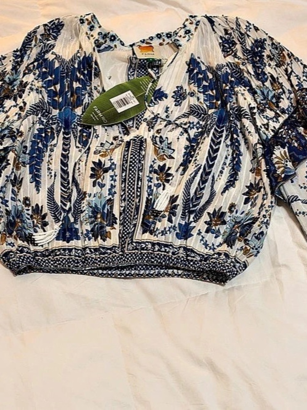 FARM Rio Blue Flowers Long Sleeve Crop Top in Blue & White
